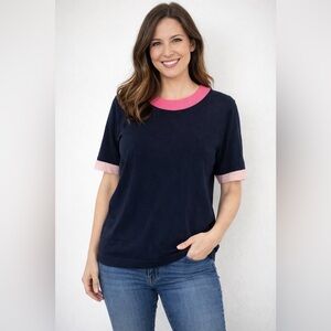 Boden short sleeve sweater top XL navy pink casual career knit pullover jumper